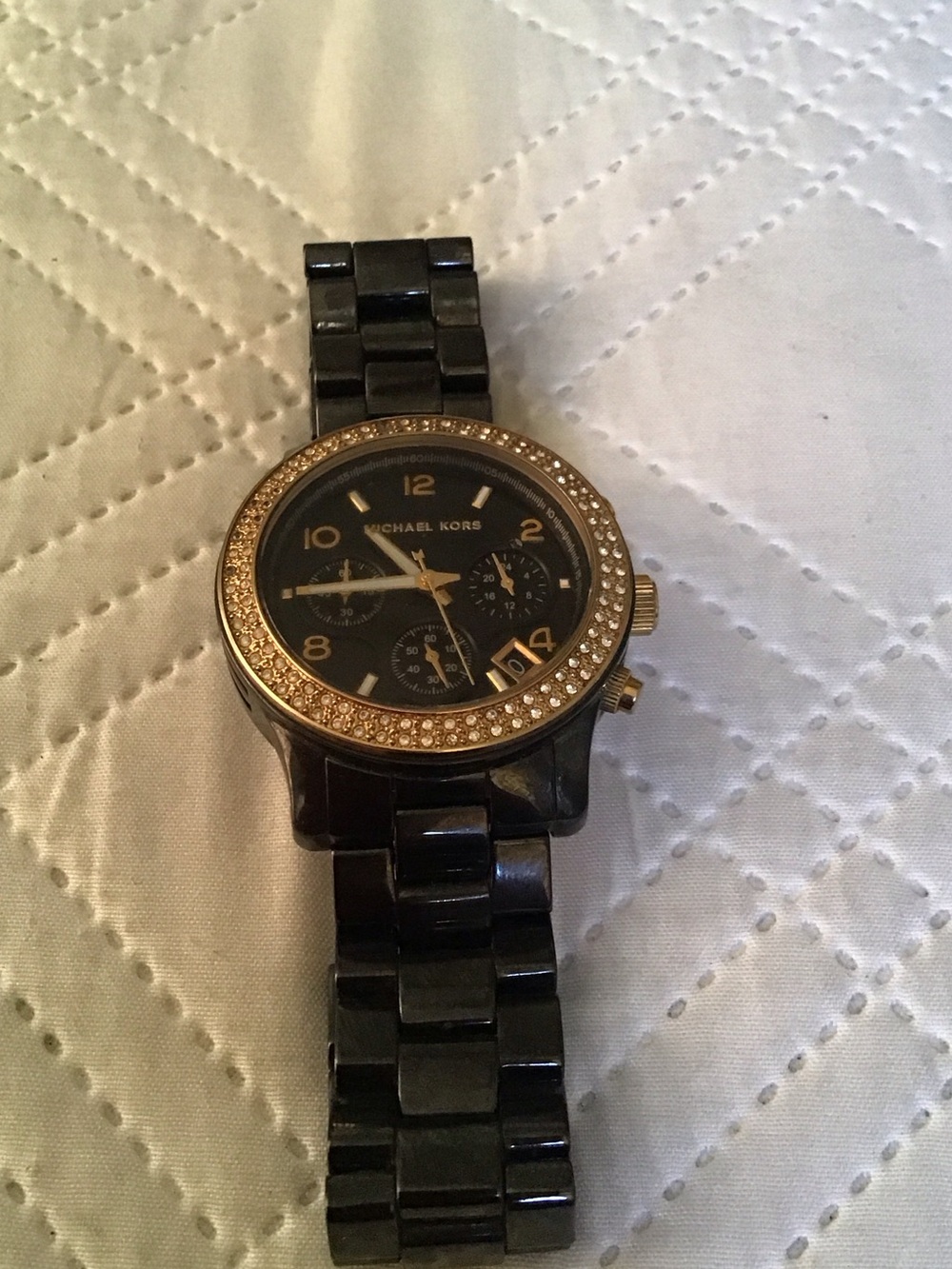 Michael Kors Black and Gold Chronograph Resin Watch with Crystal Bezel